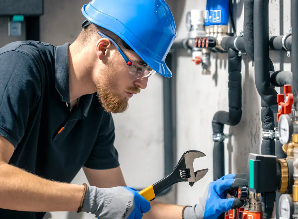Homem de barba e capacete azul e com um chave de cano fazendo reparos